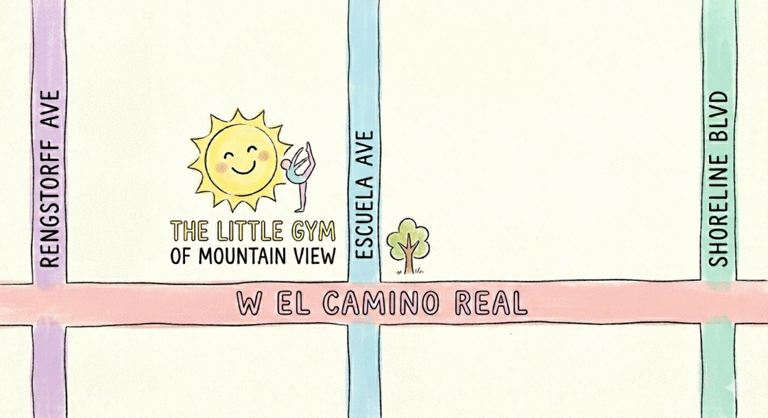 Hand-drawn map showing The Little Gym of Mountain View at the corner of W El Camino Real and Escuela Ave